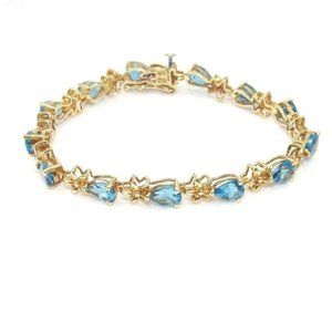 10K Yellow Gold Blue Topaz Plumeria Flower Bracelet 6"